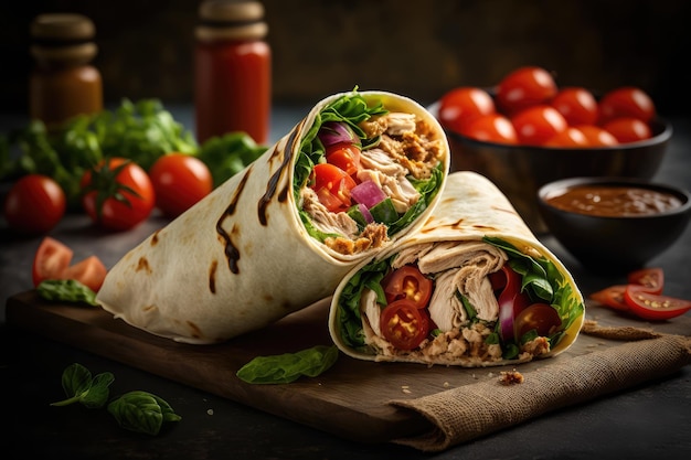 Chicken shawarma wrap with lettuce tomatoes and hummus created with generative ai