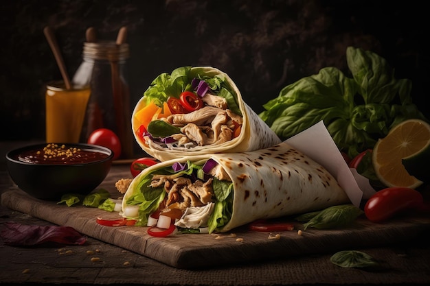 Chicken shawarma wrap with mix of vegetables and spices created with generative ai