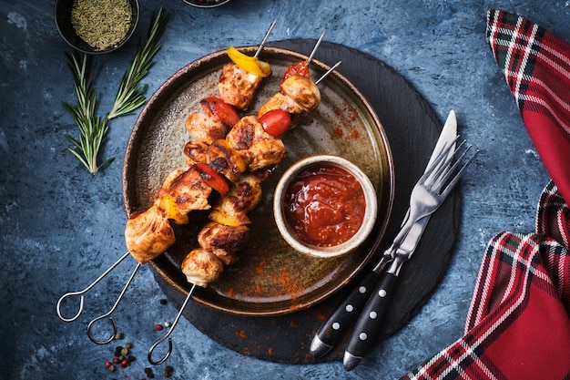 Chicken Shish kebab with mushrooms, cherry tomato and sweet pepper