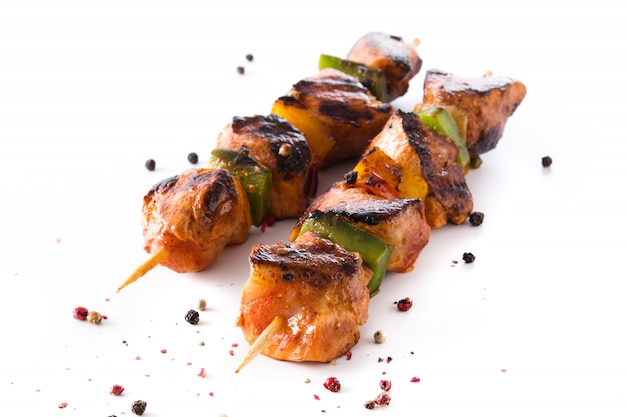 Chicken shish kebab with vegetables isolated.