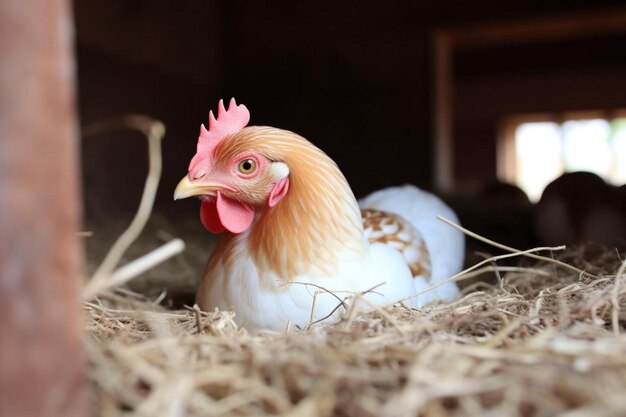 Photo a chicken sits in a pile of hay