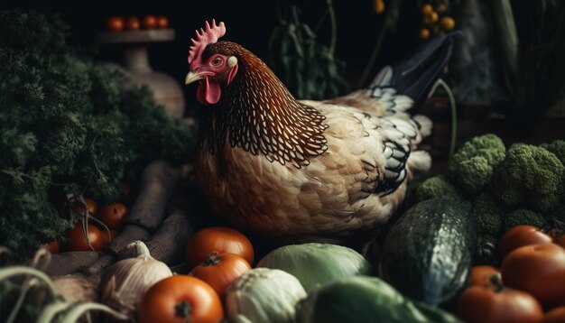 Foto un pollo siede in un mucchio di verdure.