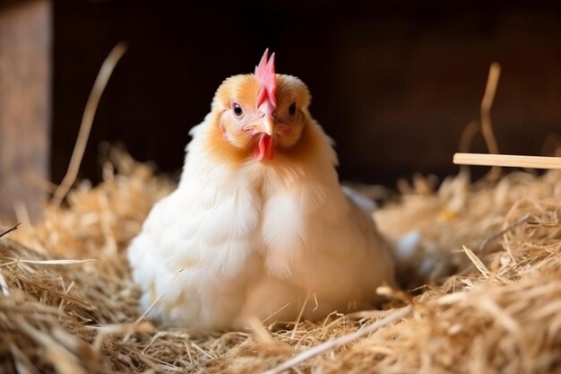 Photo a chicken sits on straw in a barn