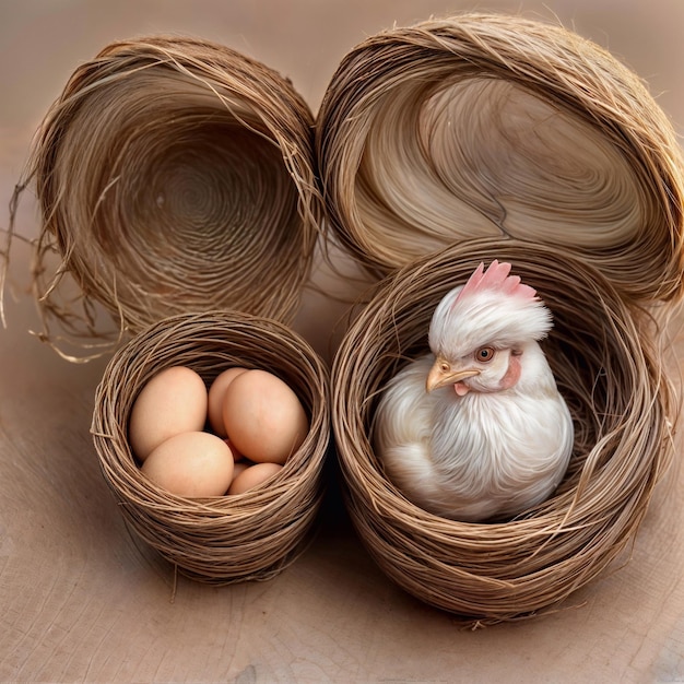 Chicken sits in a wicker basket basket with eggs Fluffy white chicken with a crest of feathers
