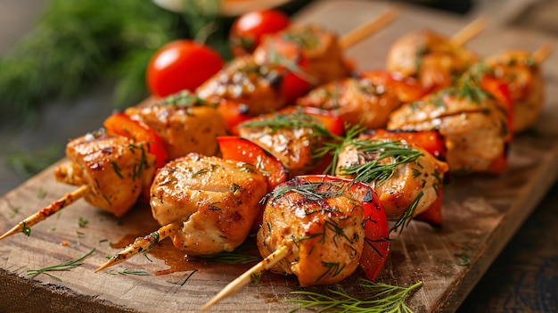 Chicken skewers paired with sweet pepper slices and dill garnish
