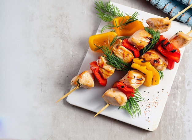 Photo chicken skewers with slices of sweet peppers and dill tasty food weekend meal