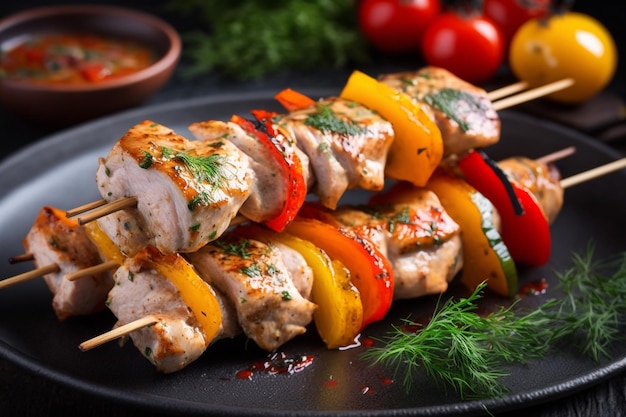 Chicken skewers with slices of sweet peppers and dill