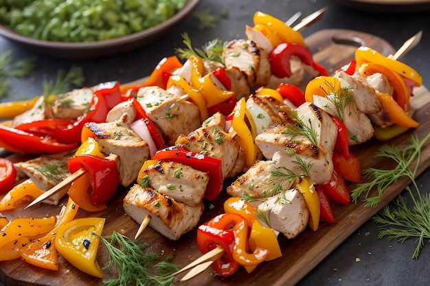 Chicken skewers with slices of sweet peppers and dill