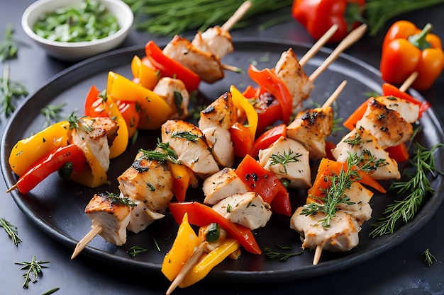 Chicken skewers with slices of sweet peppers and dill