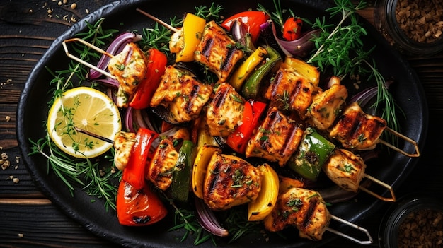 Chicken skewers with vegetables Barbecue chicken kebab with vegetables Closeup top view