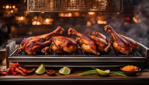 Photo a chicken and some limes are cooking on a grill