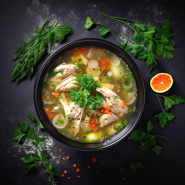 chicken soup on black stone background top view