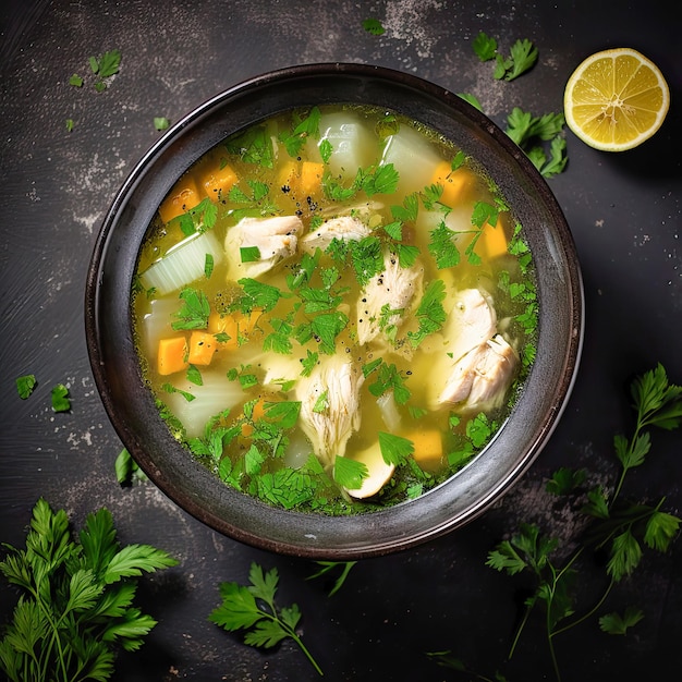 chicken soup on black stone background top view