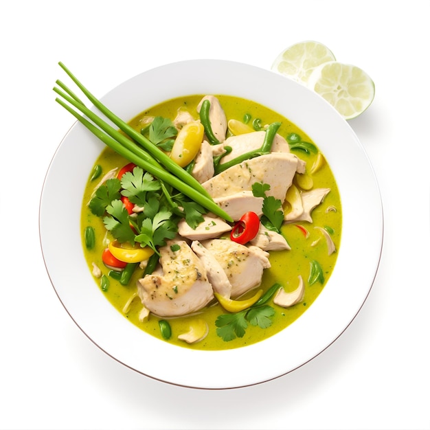 Chicken soup in bowl isolated on white background with clipping path and full depth of field