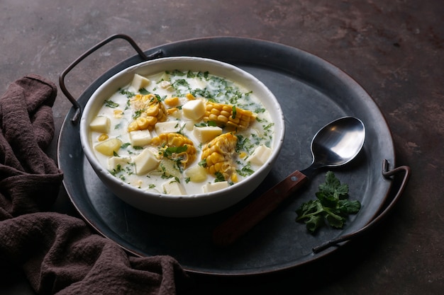 Chicken soup with cheese and corn, Chupe de pollo, tipical venezuelan food