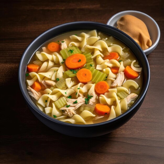 Chicken soup with noodles carrots and celery in bowl on wooden background