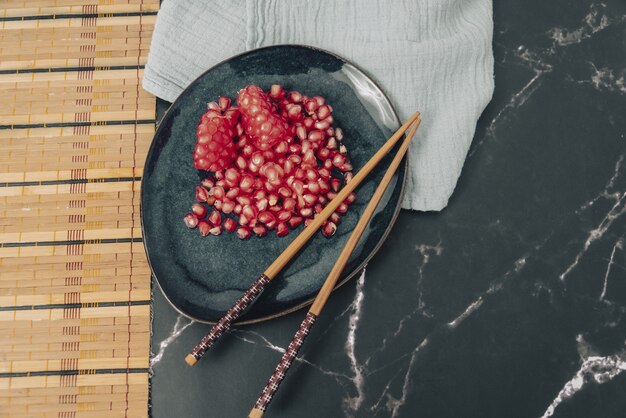 Chicken in soy sauce with red peppers with pomegranate desserts