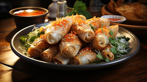 Chicken spring rolls on plate