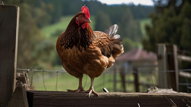 A chicken stands on a fence in a field.