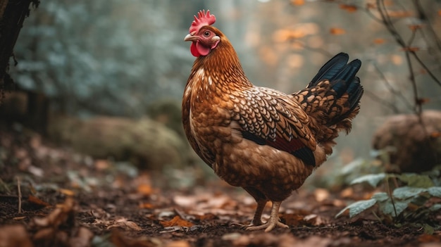 A chicken stands in the leaves of autumn