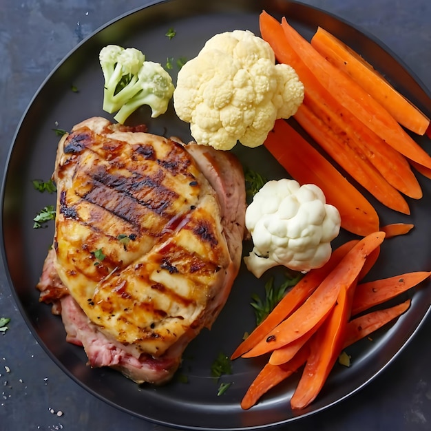 Куриный стейк с хлебной моркови, цветной капусты, репы и кукурузы на черной тарелке
