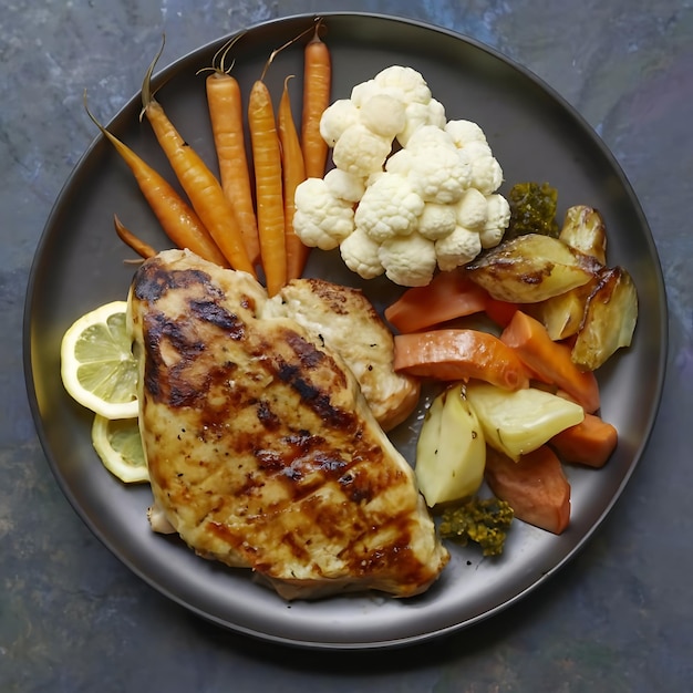 Chicken steak with bread carrots cauliflower turnips and corn on a black plate