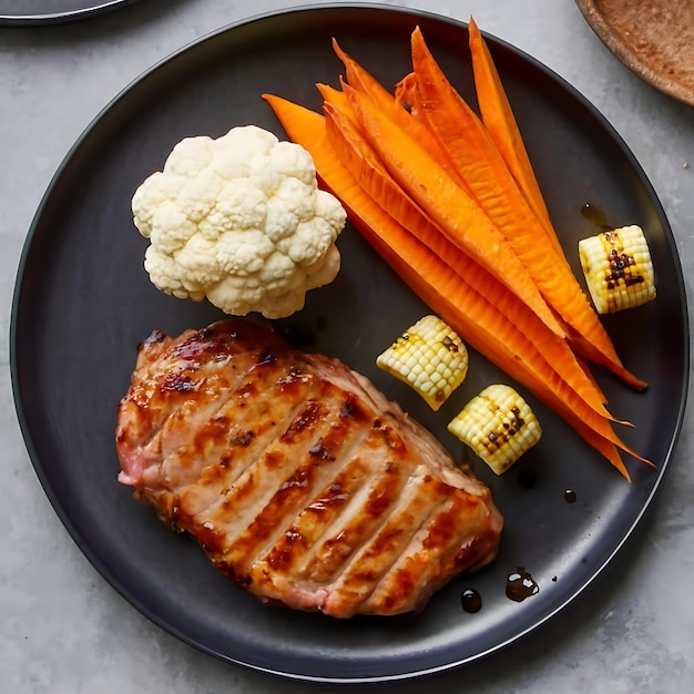 Chicken steak with bread carrots cauliflower turnips and corn on a black plate
