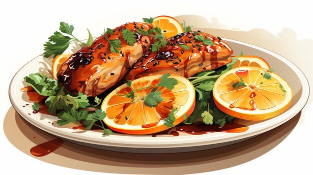 Chicken steak with lemon tomato chili and carrot on white plate