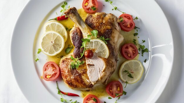 Chicken steak with lemon tomato chili and carrot on white plate