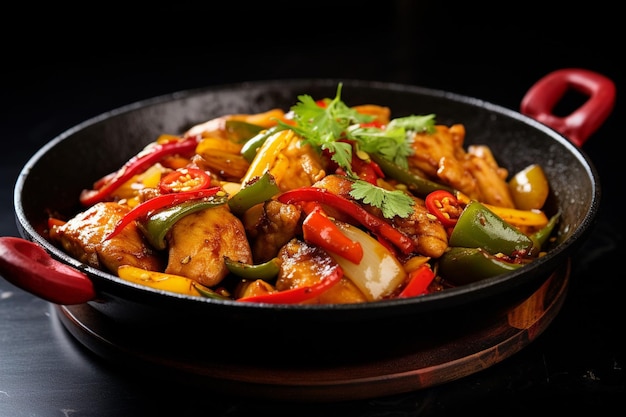 Chicken stir fry served in a rustic clay pot with a side of brown rice