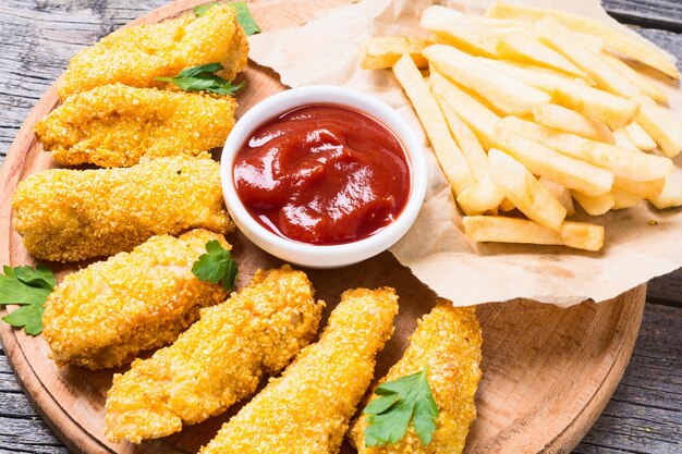 chicken strips and French fries on rustic wooden background