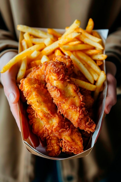 chicken strips and fries in hands Selective focus