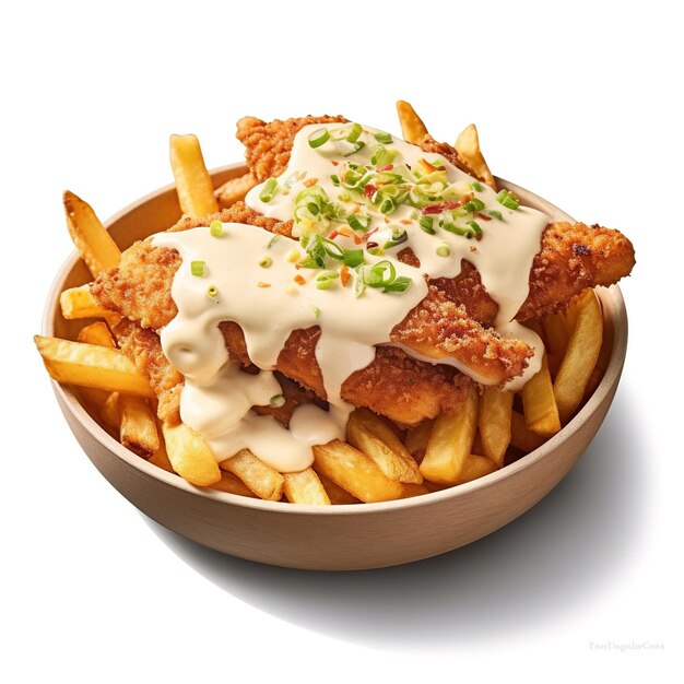 Chicken Strips on fries and on top white sauce
