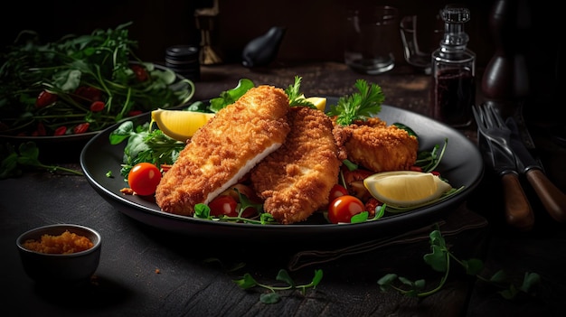 Chicken Tenders met plantaardig ornament op onscherpe achtergrond