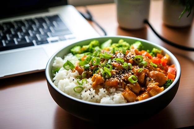 Chicken teriyaki poke bowl Poke bowl with chicken and vegetables over desktop background with lap top Healthy fast food Eating at workplace Bowl with plant based meat and rice vegan food concept