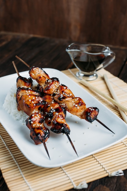 Chicken teriyaki skewers with rice