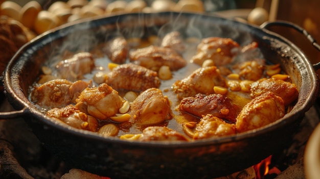 Chicken thighs in a pan on the fire Selective focus