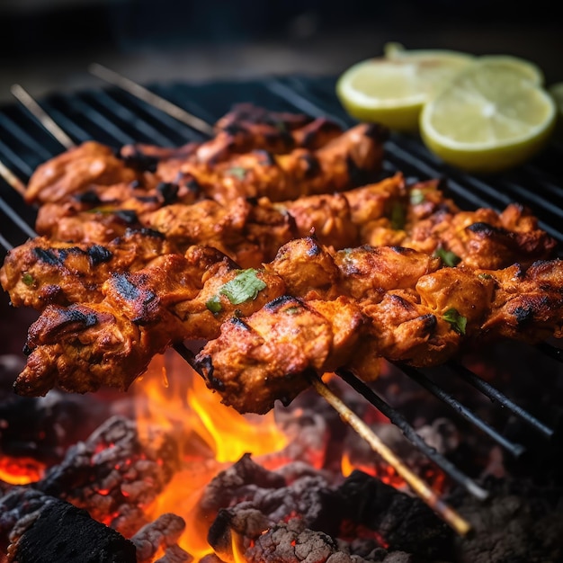 Chicken tikka kabab being grilled over charcoal