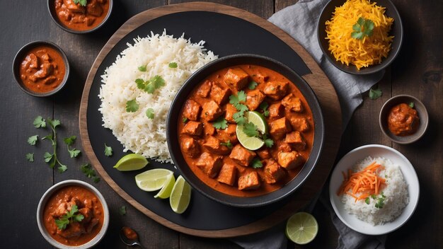 The chicken tikka masala artfully arranged on a dark wooden table is captured in a highquality ph