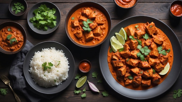 The chicken tikka masala artfully arranged on a dark wooden table is captured in a highquality ph