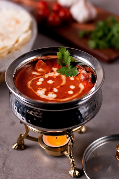 Chicken Tikka Masala or butter chicken makhani served in handi isolated on table side view of arabian food