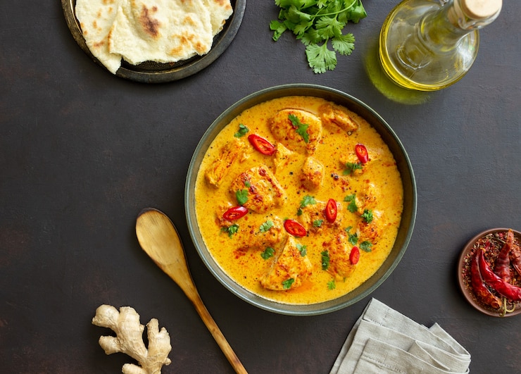 Photo chicken tikka masala curry with herbs and peppers. indian food. national cuisine.
