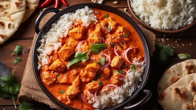 Chicken tikka masala curry with rice and naan bread