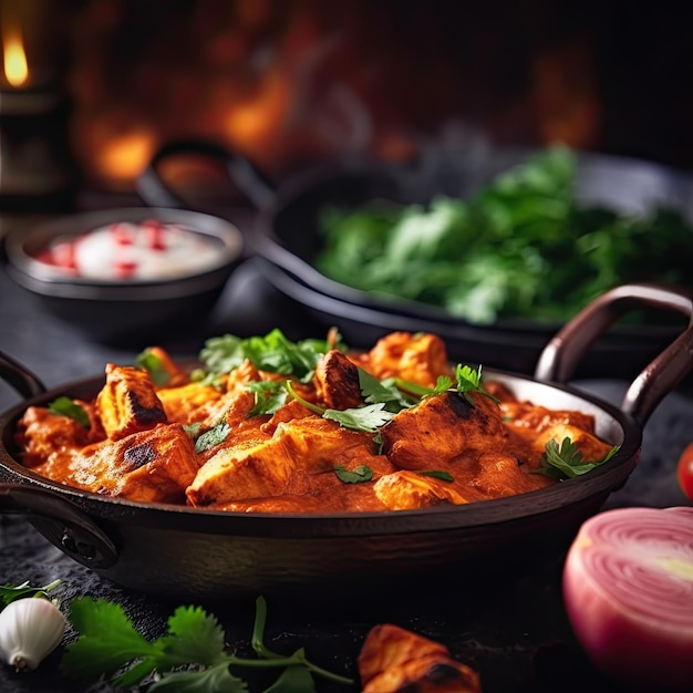 Foto chicken tikka masala un piatto composto da pezzi di pollo marinati arrostiti