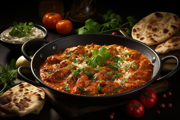 Chicken Tikka Masala Malse kip gekookt in een romige tomatensaus met aromatische kruiden geserveerd met naanbrood of rijstGegenereerd met AI