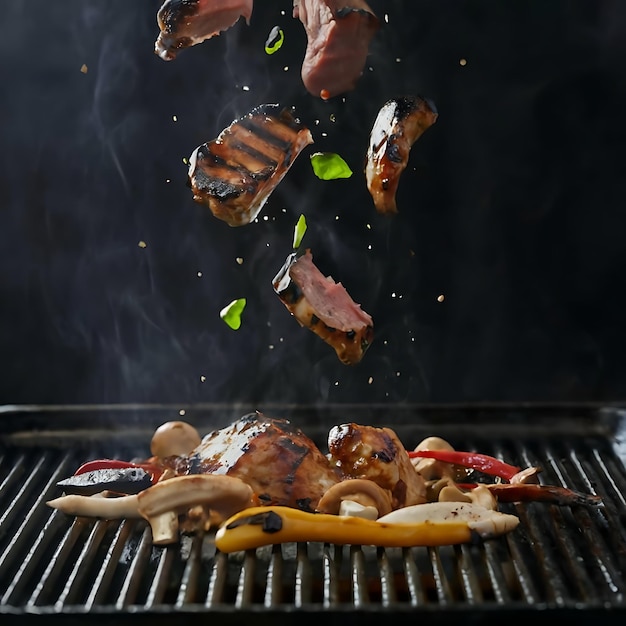 Chicken Tikka Masala Meat and mushrooms falling onto barbecue grill