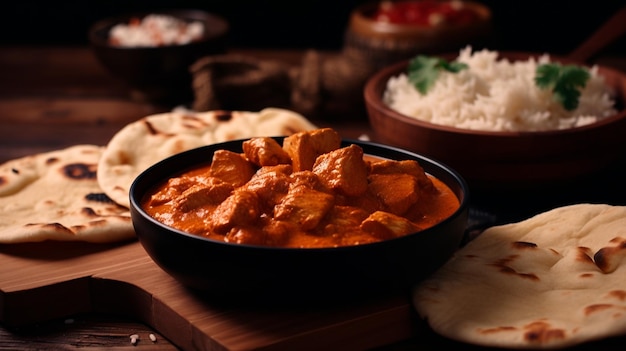 Chicken tikka masala spicy curry meat food in een kleiplaat met rijst en naanbrood op houten achtergrond Generatieve AI