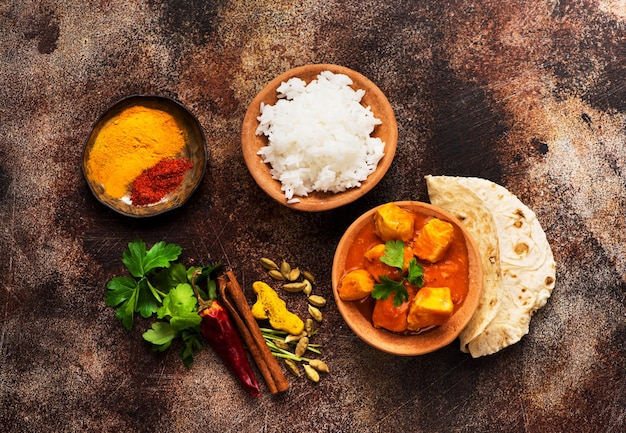 Photo chicken tikka masala spicy indian meat dish with rice and naan bread