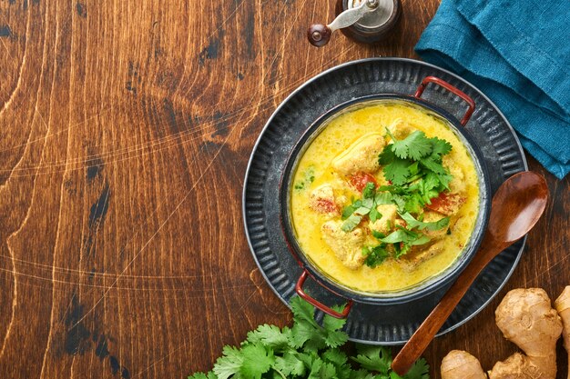 Chicken tikka masala. Traditional of indian cuisine curry and ingredients on dark background. Curry, lime, ginger, cilantro, chili, rice, herbs and spices. Top view with copy space.