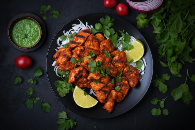 Chicken tikka with ingredients on green background